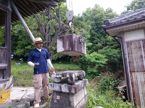 大垣市 八王子神社様で狛犬、燈籠の地震対策工事